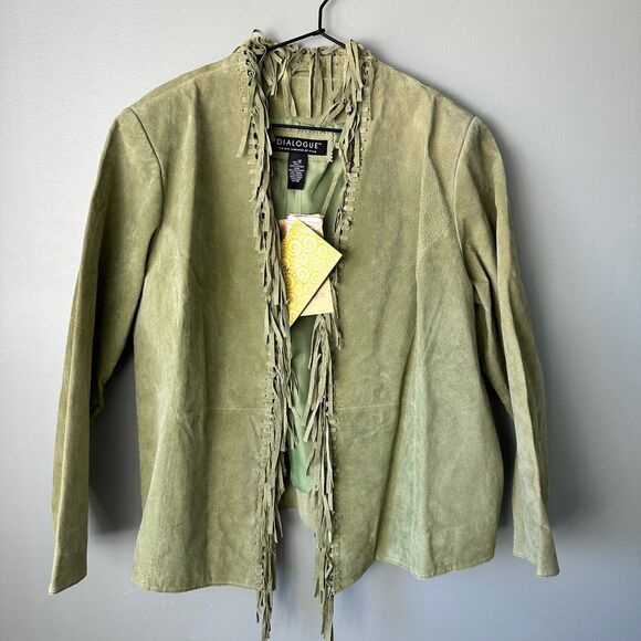 Dialogue Jackets & Blazers - Nwt QVC Dialogue Green Washable Suede Leather Fringe Jacket 1X